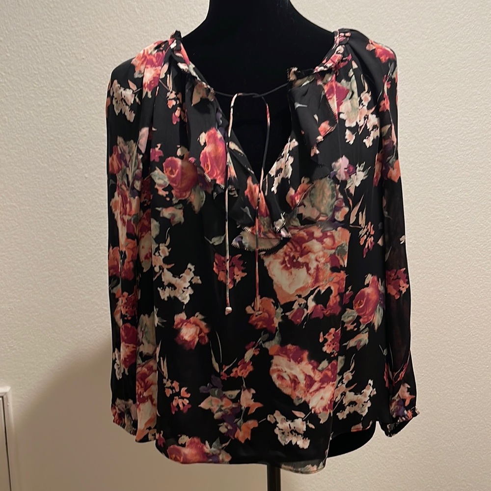 Joie Size Small Black Floral Silk Top with Black silk lining